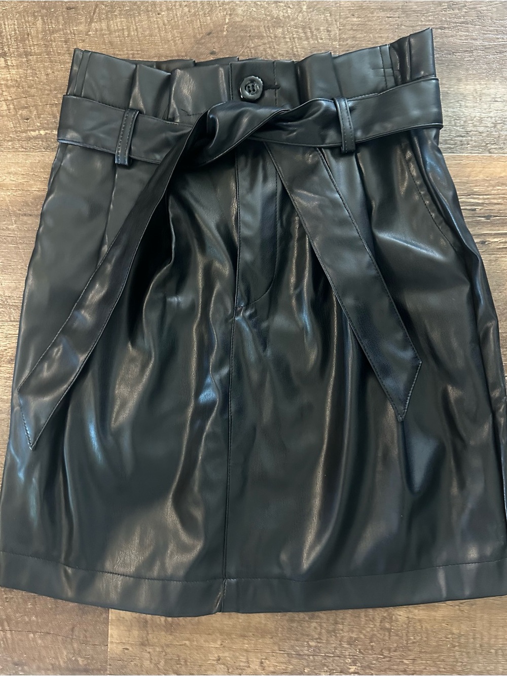 Black Faux Leather Paperbag Waist Skirt with Tie Belt